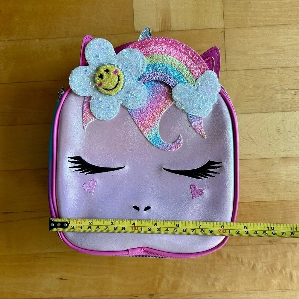 Sparkly Unicorn Kids Insulated Lunch Cooler with Rainbow + Flower Accents, Pink
